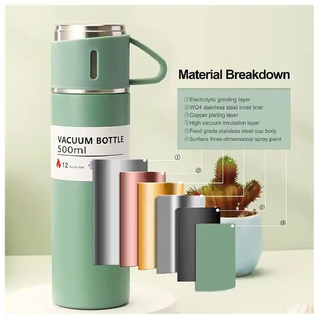 Termo De Acero Inoxidable De 500 Ml Con 2 Tazas Para Servir