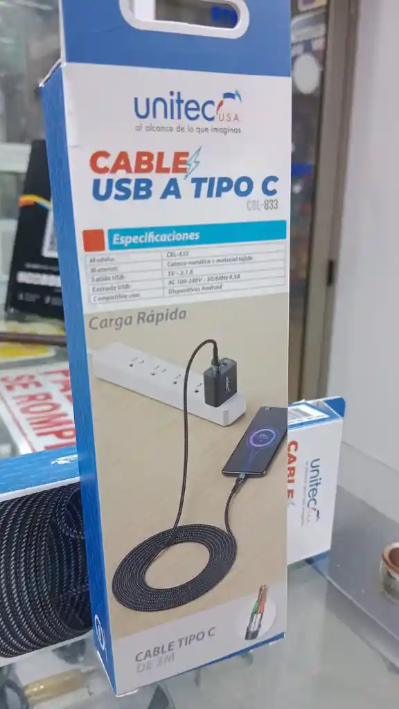 Cable 3 Metros Carga Rápida (2.1 Mah) Trenzado Fino Calidad Usb Tipo C A Usb Tipo A