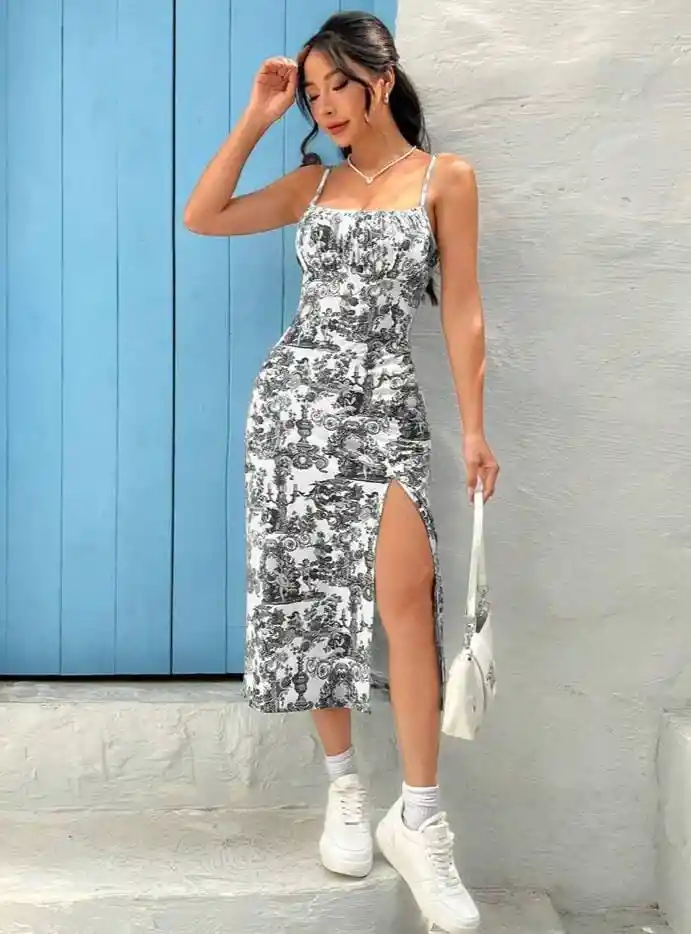 Vestido Mujer Tipo Camisola Estampado Completo Muslo Abierto Talla M/l