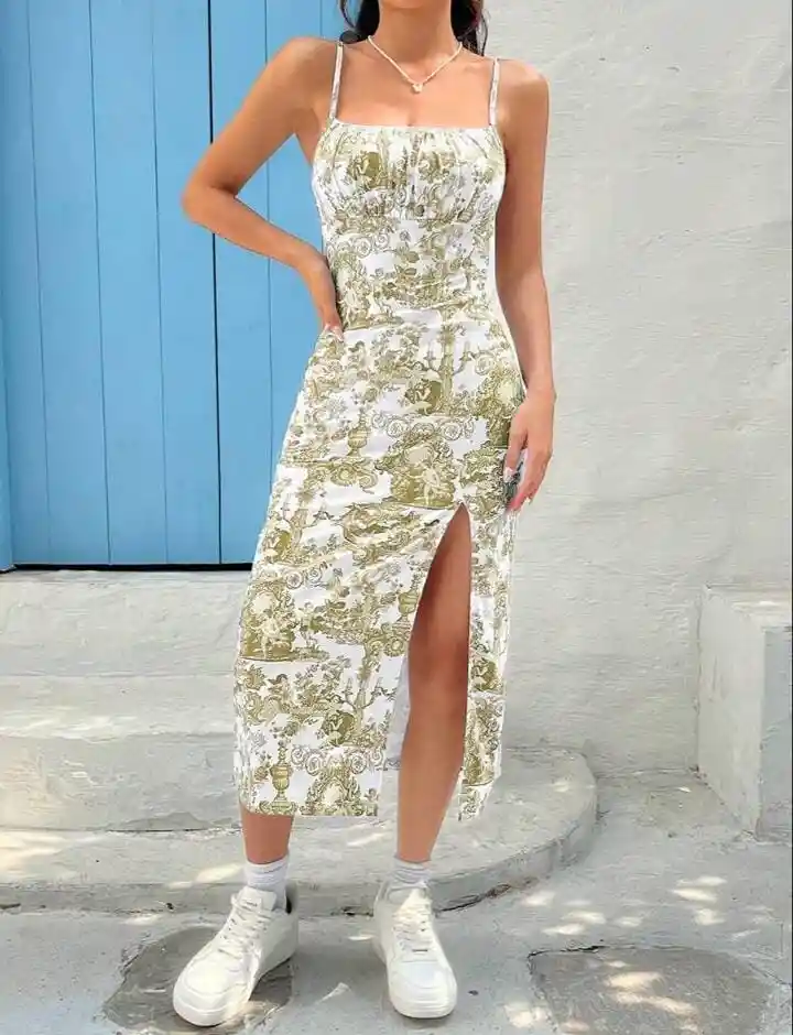 Vestido Mujer Tipo Camisola Estampado Verde Esmeralda Talla M/l
