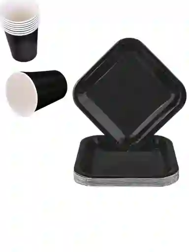 10 Platos Y Vasos Desechables Cartón Decoración Fiesta Negro
