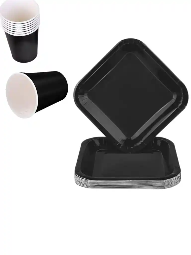 10 Platos Y Vasos Desechables Cartón Decoración Fiesta Negro