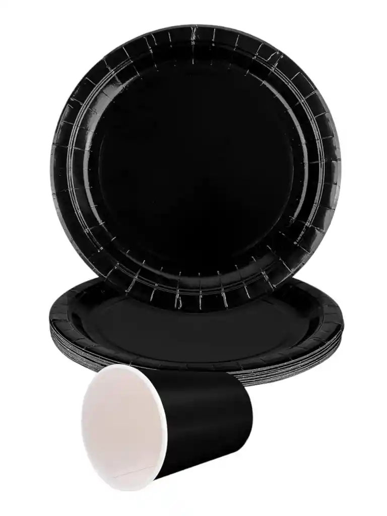 10 Platos Y Vasos Desechables Cartón Decoración Fiesta Negro