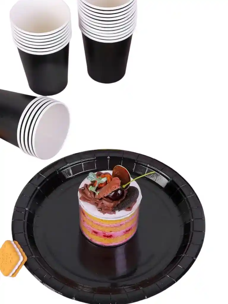 10 Platos Y Vasos Desechables Cartón Decoración Fiesta Negro