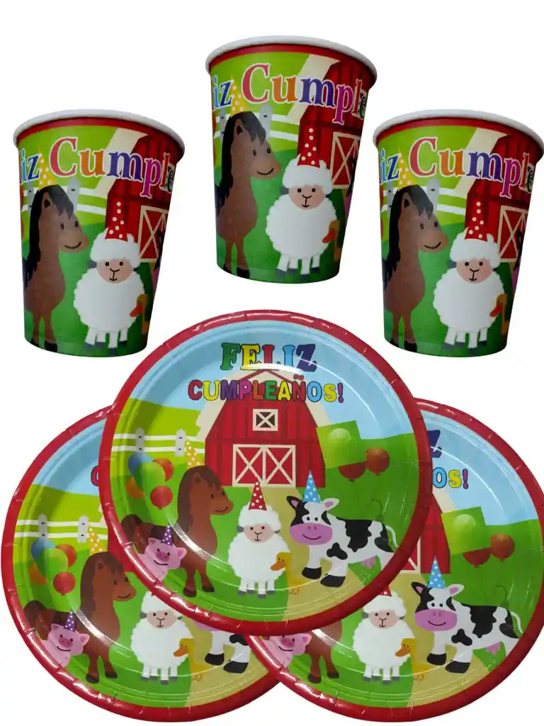 10 Platos Y Vasos Desechables Fiesta Granja Feliz Cumpleaños