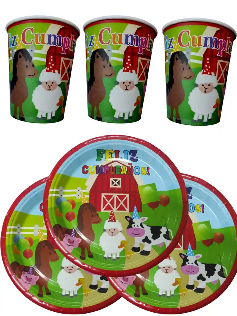 10 Platos Y Vasos Desechables Fiesta Granja Feliz Cumpleaños
