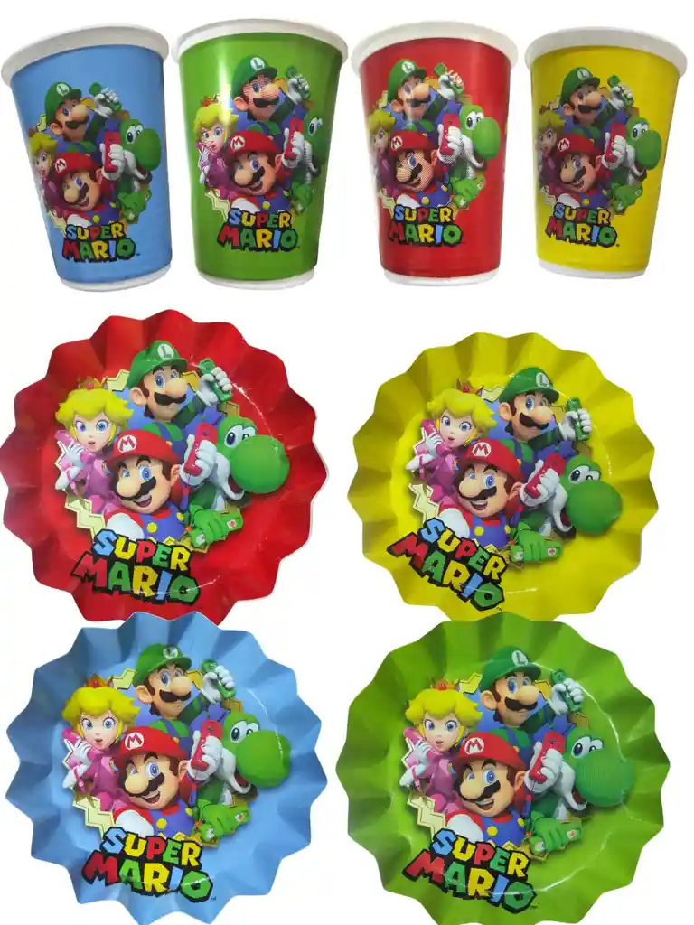 10 Platos Y Vasos Desechables Fiesta Super Mario Bros Cumpleaños