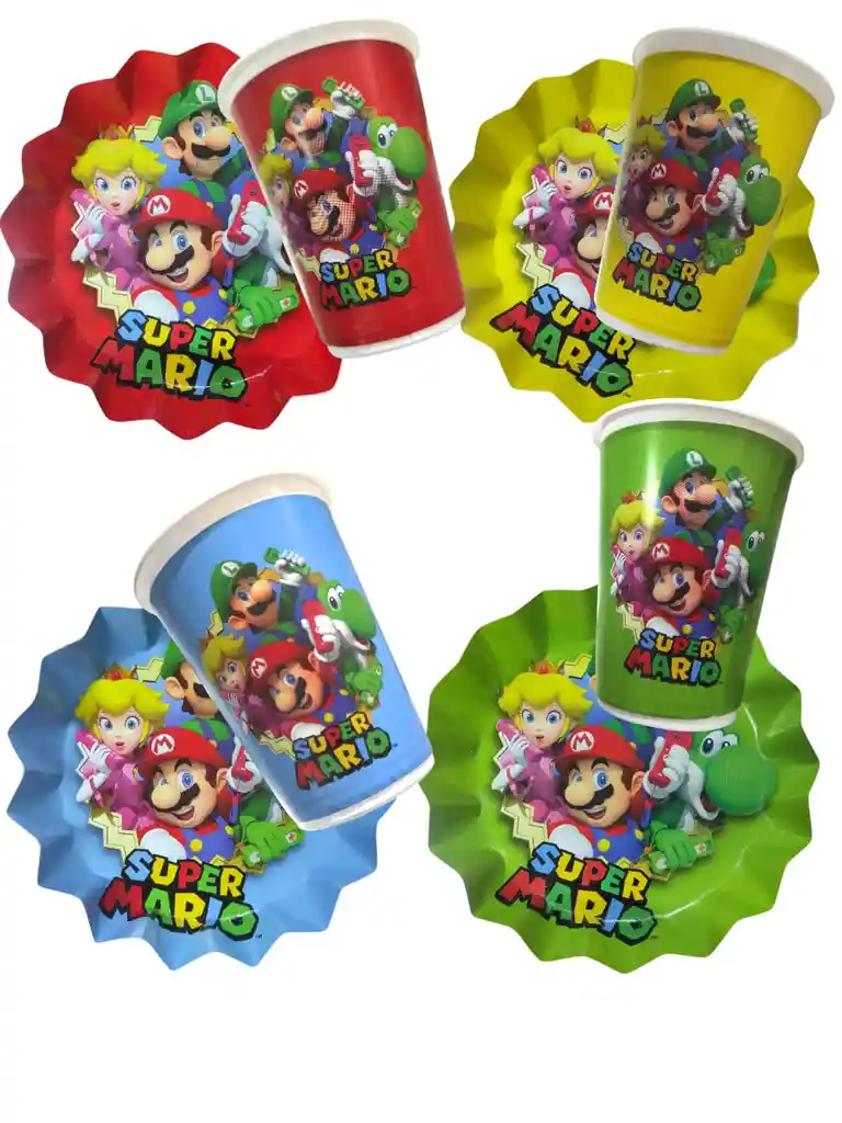 10 Platos Y Vasos Desechables Fiesta Super Mario Bros Cumpleaños