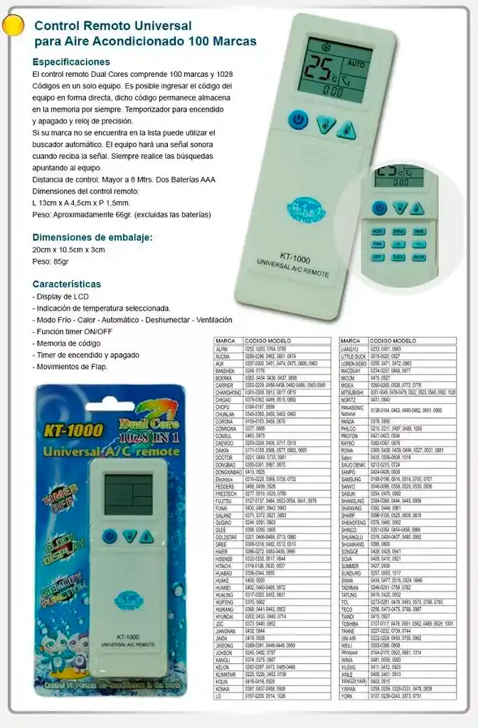 Control Universal Para Aire Acondicionado Kt1000