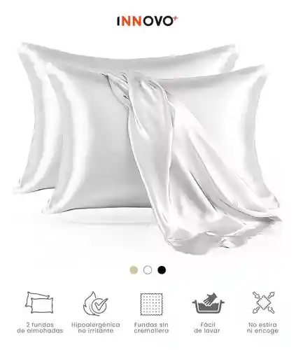Fundas Para Almohada Satín Seda Cuida Cabello Piel Anti Friz Color Blanco Innovo