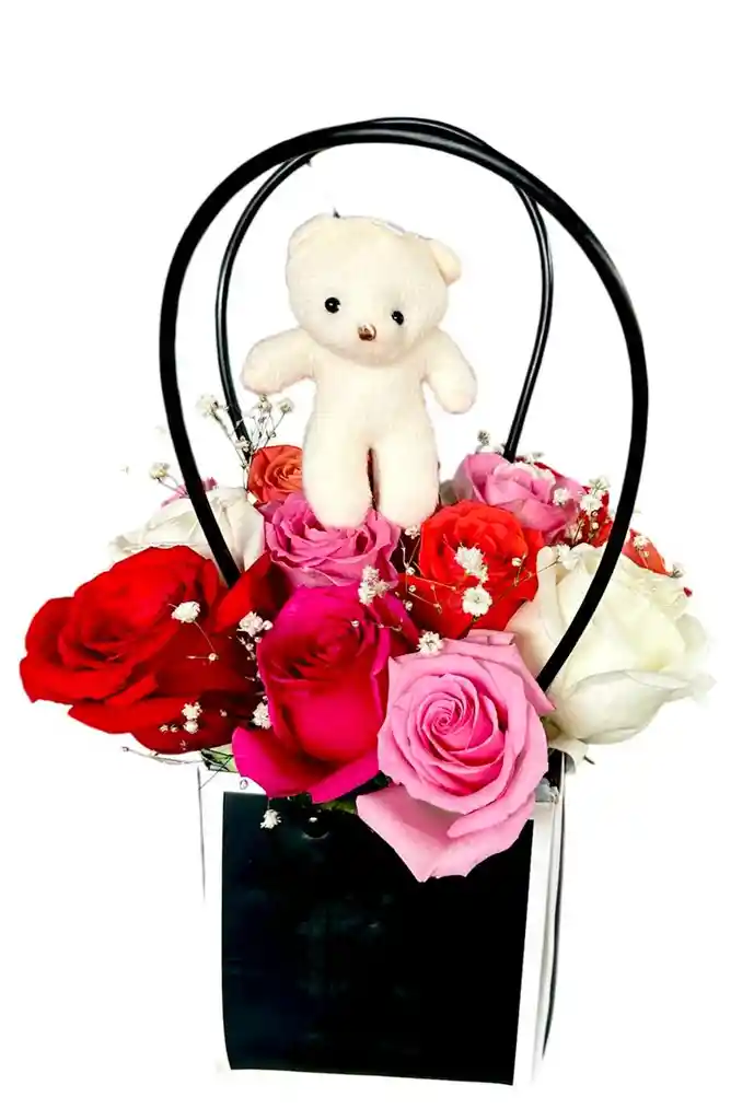 Arreglo De Flores Rosas Con Oso Mini