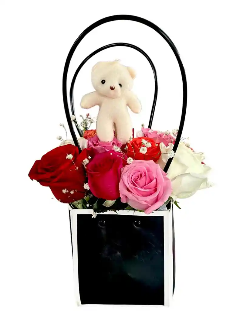 Arreglo De Flores Rosas Con Oso Mini