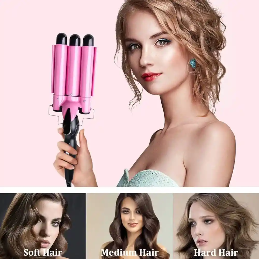 Pinza Ondas De Sirena Rizador Cabello Ondulador 3 Tubos Encrespador Rosa Negro