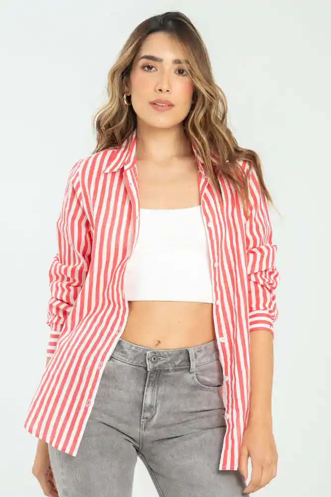 Camisa Boyfriend Rayas Color Rojo Puro Talla L
