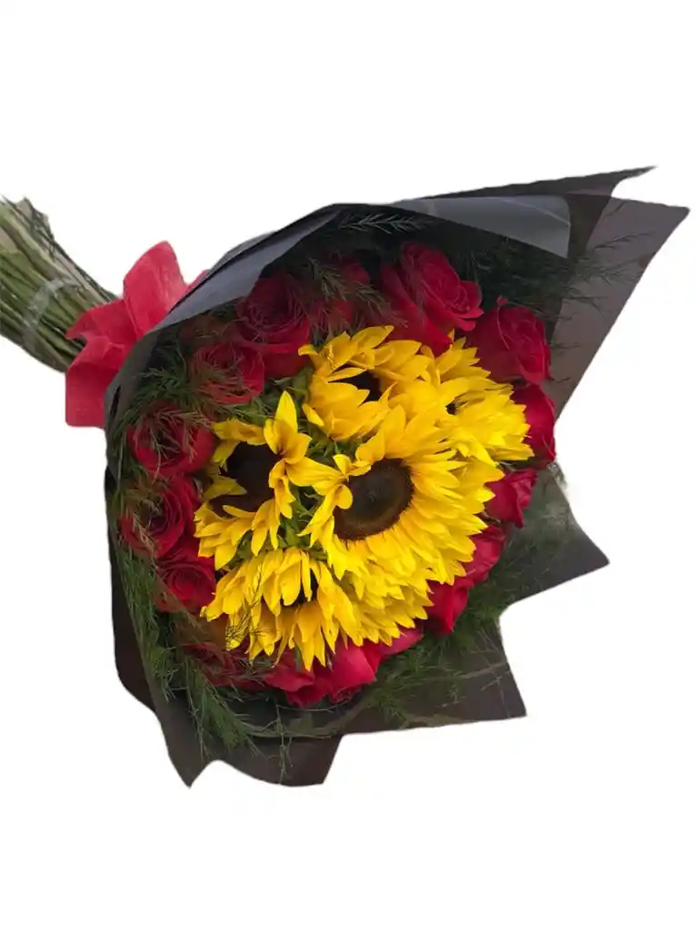 Girasoles Y Rosas Rojas En Ramo