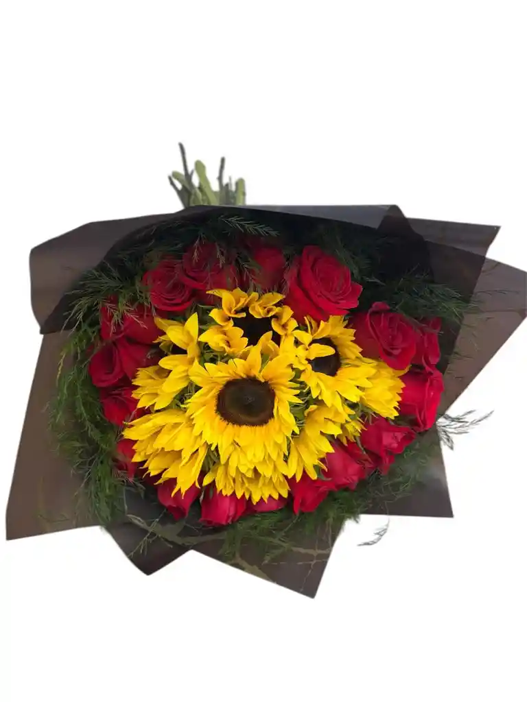 Girasoles Y Rosas Rojas En Ramo