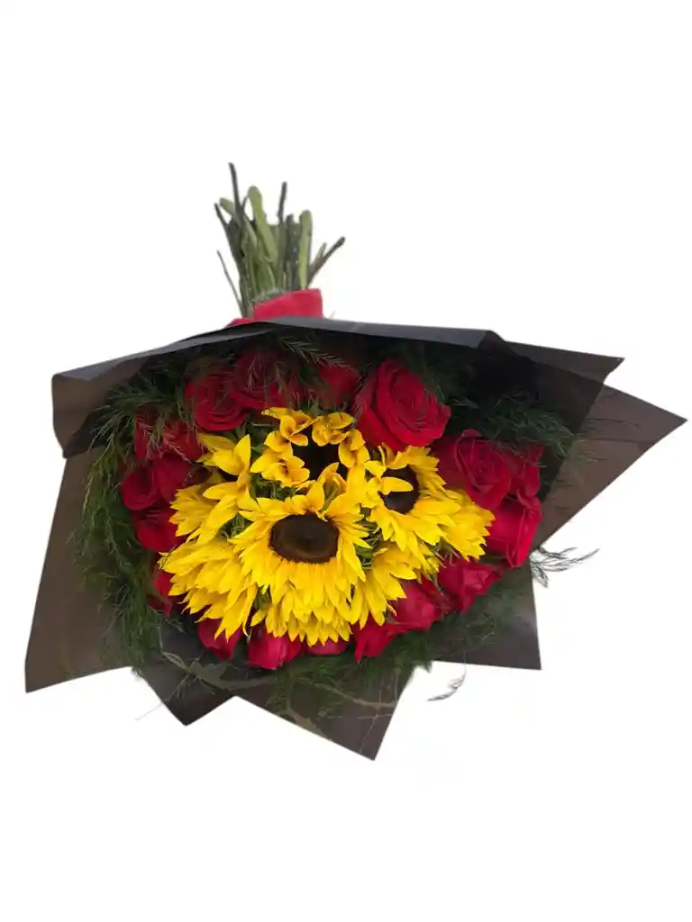 Girasoles Y Rosas Rojas En Ramo