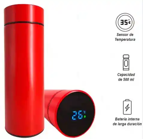 Termo Digital Color Rojo De Acero Inoxidable Capacidad 500ml