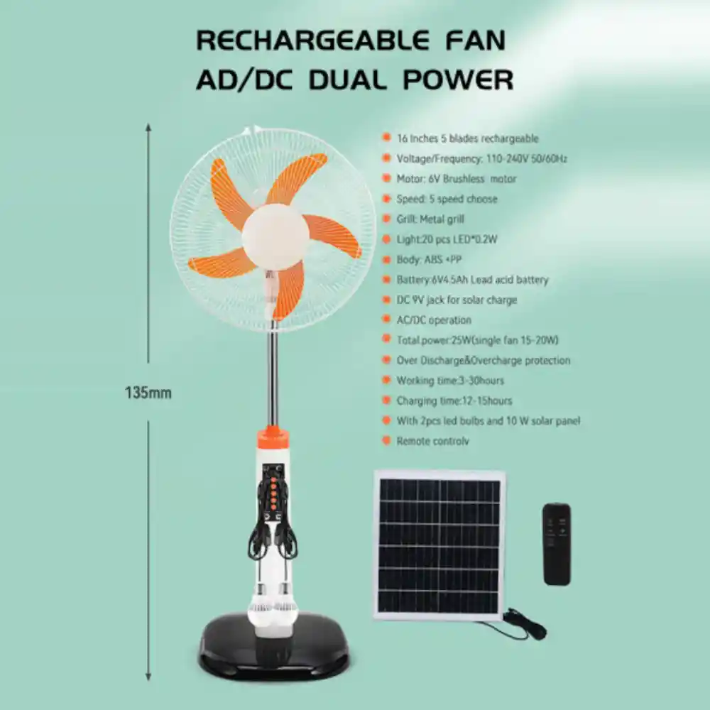 Ventilador Recargable 16in Panel Solar 5 Velocidades gd-8056