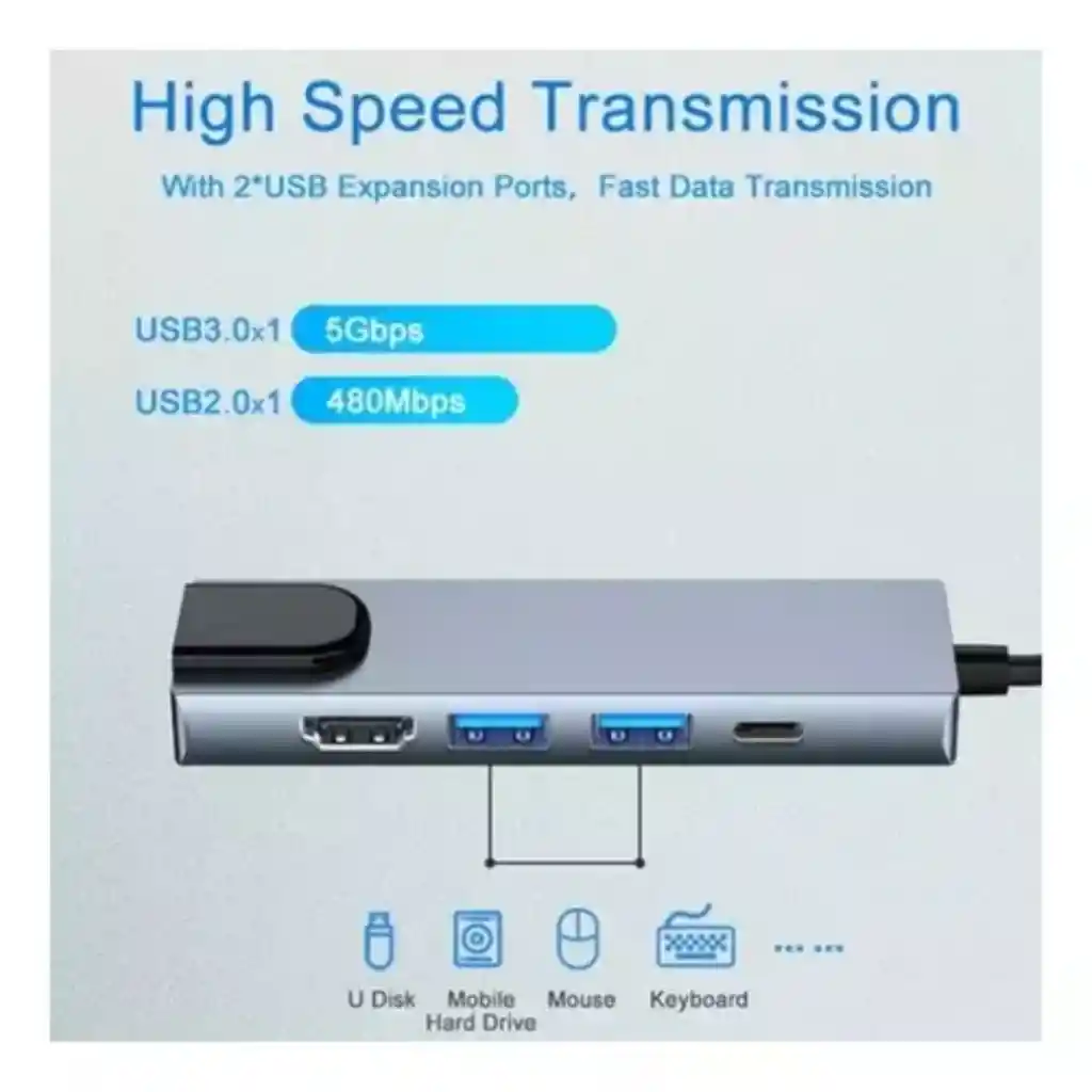 5 En 1 Usb Hub Adaptador Pd 3.0 Tipo C Hdmi 4k 5gbps
