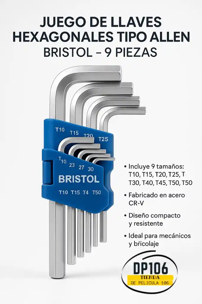 Juego De Llaves Hexagonales Tipo Allen / Bristol - 9 Piezas