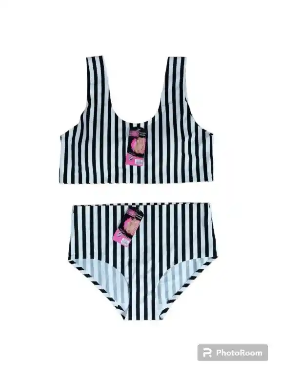 Bikini Sin Costuras De Talle Alto A Rayas Top Con Almohadillas, Panty Sin Forro
