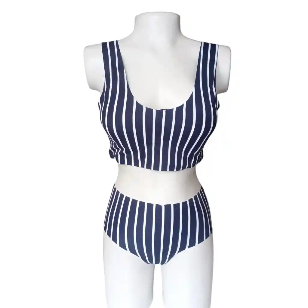 Bikini Sin Costuras De Talle Alto A Rayas Top Con Almohadillas, Panty Sin Forro