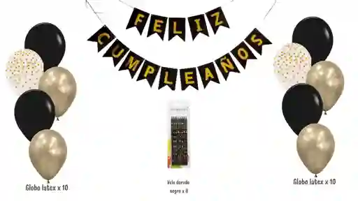 Kit Decoración Cumpleaños Negro Y Dorado Sencillo
