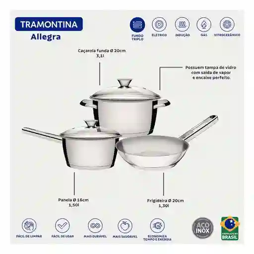 Bateria Tramontina Gris Plata 5 Pz Acero Inoxidable