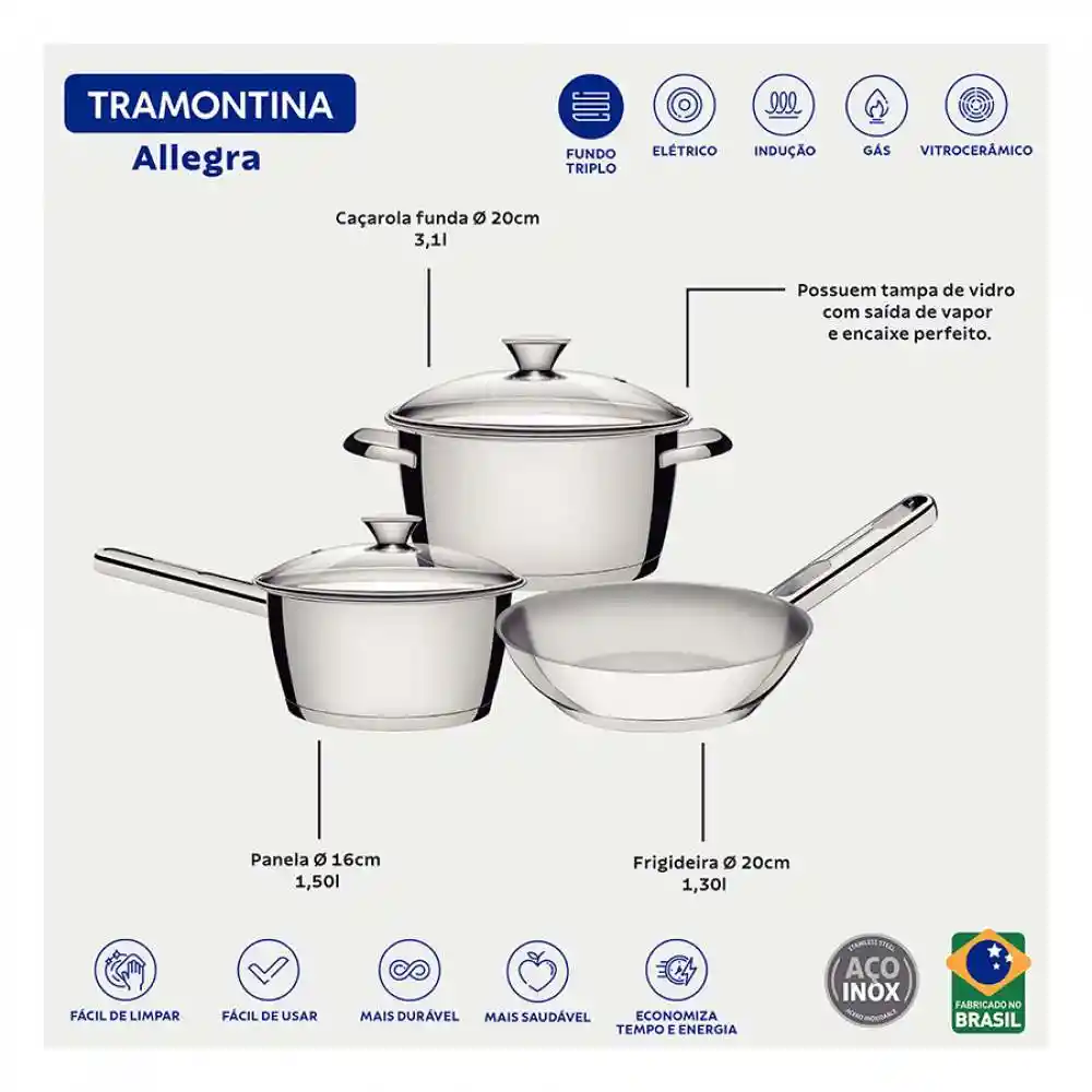 Bateria Tramontina Gris Plata 5 Pz Acero Inoxidable
