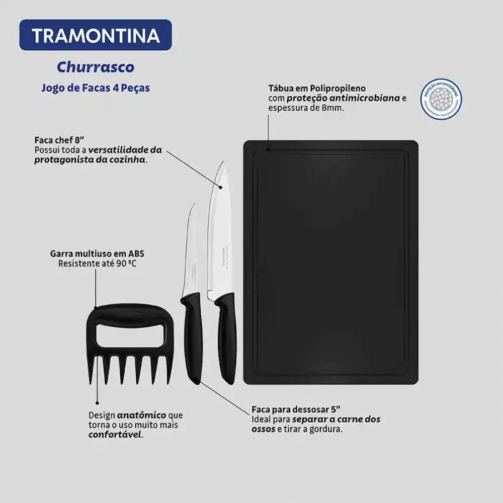 Tabla Y Cuchillos Tramontina Negro Plata 4 Pz Acero