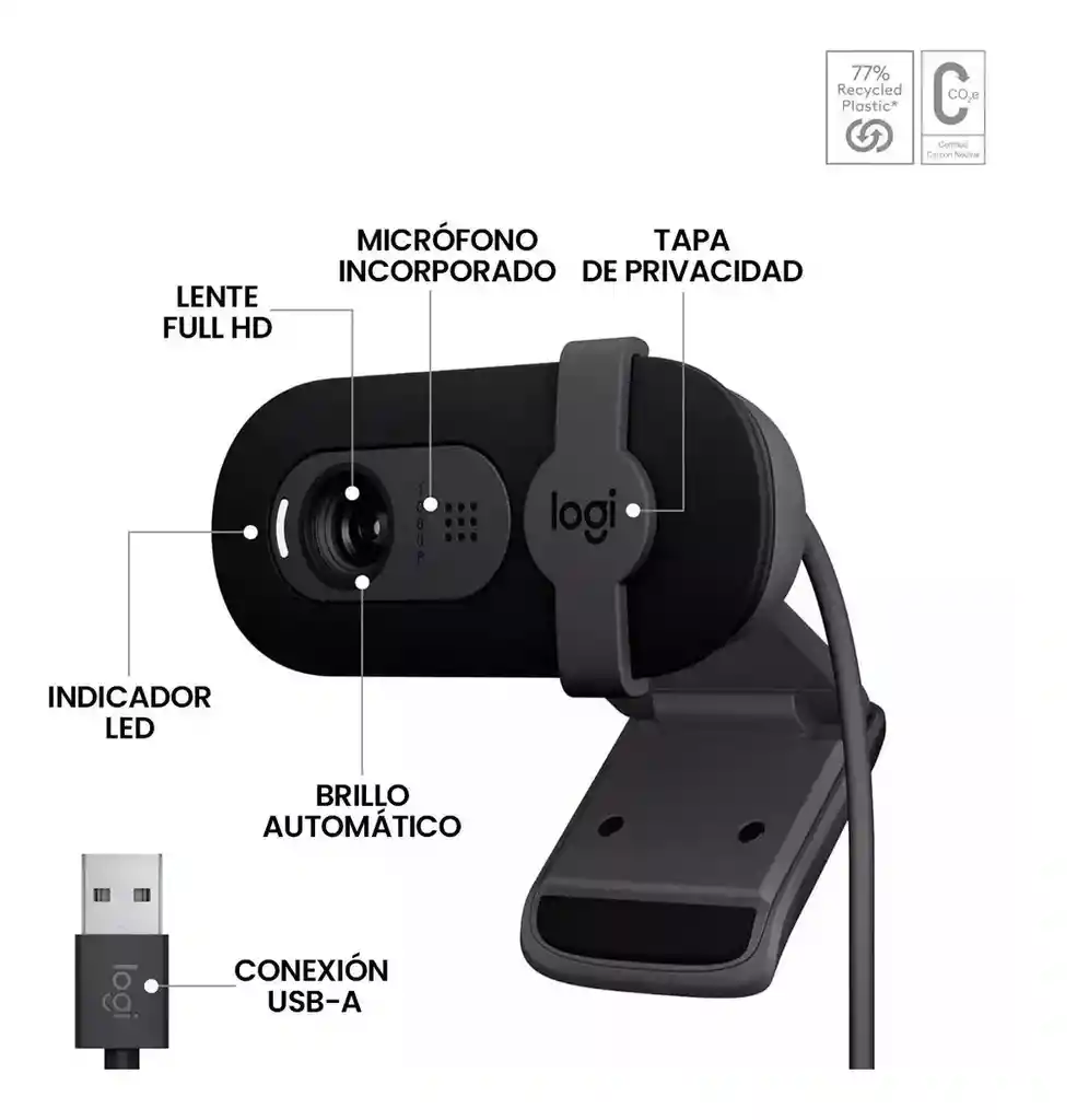 Logitech Brio 100 Webcam Full Hd 1080p, Tapa / Rightlight 2