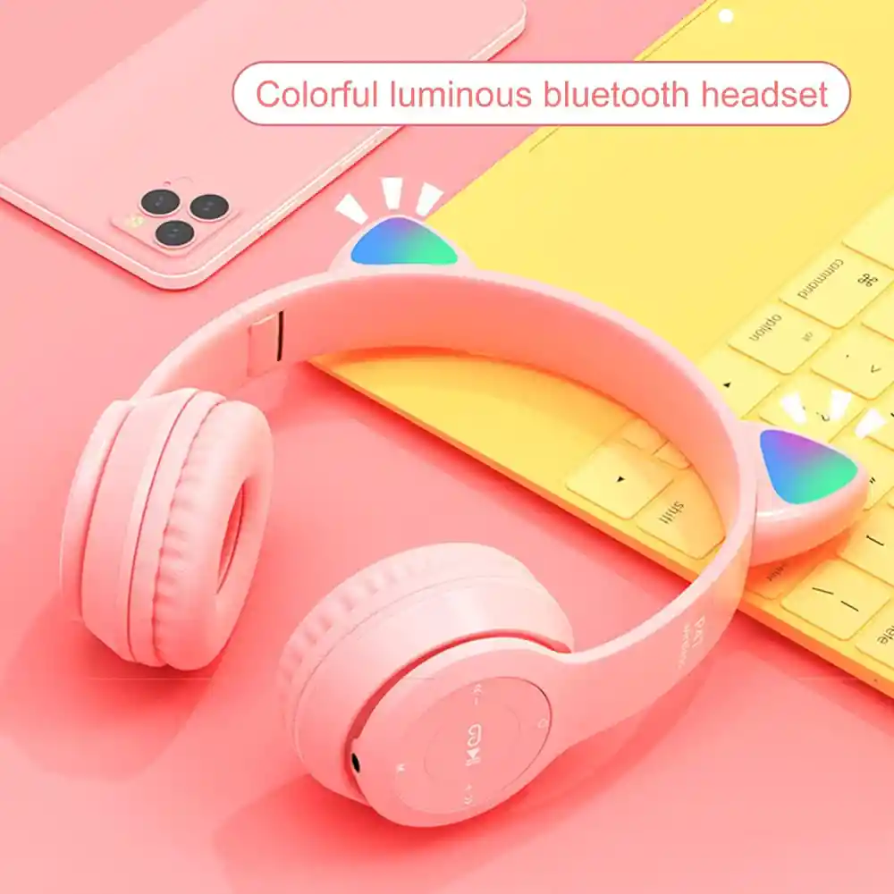 Diadema Niñas Audifonos Bluetooth Orejas Gato Luz Rgb Mz47