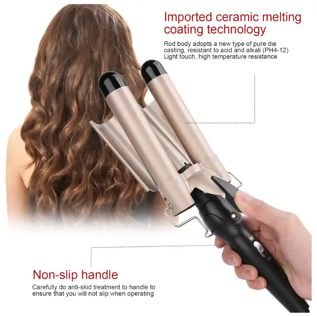 Rizadora Sirena Dorada Triple Barril Ondulador De Pelo