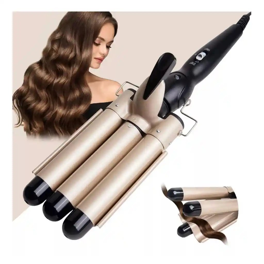 Rizadora Sirena Dorada Triple Barril Ondulador De Pelo