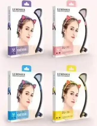 Audífonos Diadema Bluetooth Zw-29 Orejas Gato Led Magnéticos Color Amarillo / Azul / Rosa / Morado