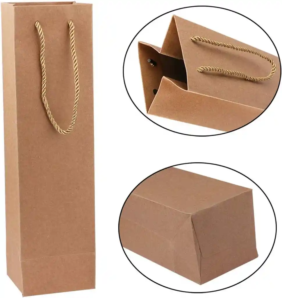 4 Bolsas Papel Kraft Botella Vino 12x12x35cm Empaque Reutilizable