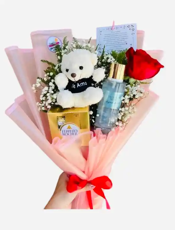 Hermoso Ramo Con Una Rosa Roja Chocolates Ferrero X4 Splash De Victoria’secret Peluche