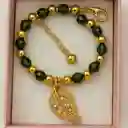 Pulsera De Acero Dorado Con Dije De Hoja Y Piedras En Murano Verde