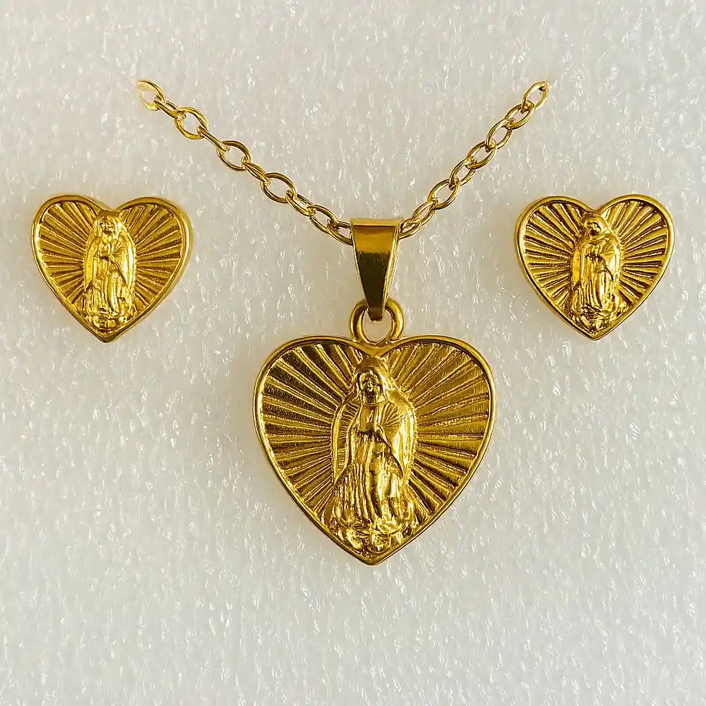 Set Religioso “virgen De Guadalupe” Cadena Y Aretes– Acero Inoxidable (regalo Para Mujer- Regalo De Cumpleaños- Joyeria)