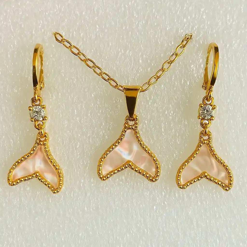 . Set “sirena Nácar” Cadena Y Aretes – Joyería En Acero Inoxidable -(regalo Para Mujer)