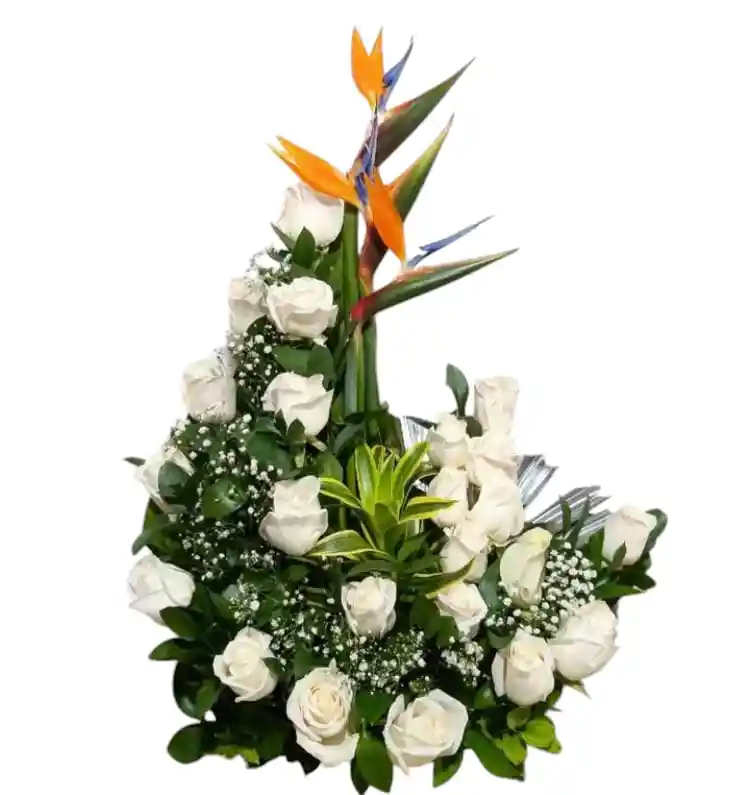 Arreglo De Condolencia Con Rosas Blancas Y Detalles tropicales - Ramo De Condolencias