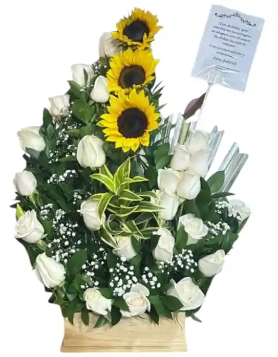 Arreglo De Condolencia Con Rosas Blancas Y Girasoles -( Ramo Fúnebre - Corona Fúnebre-corona De Condolencias)