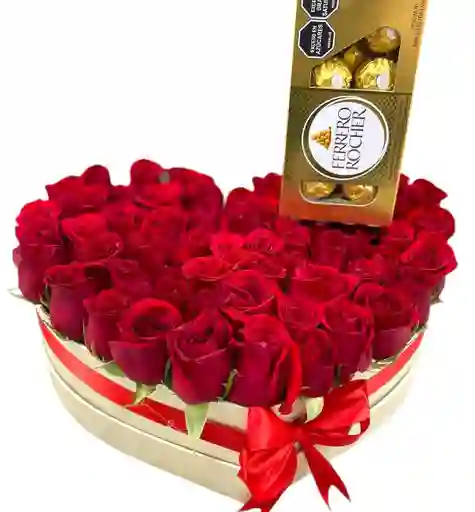 Rosas Rojas En Corazon Grande Y Ferrero Rocher X8