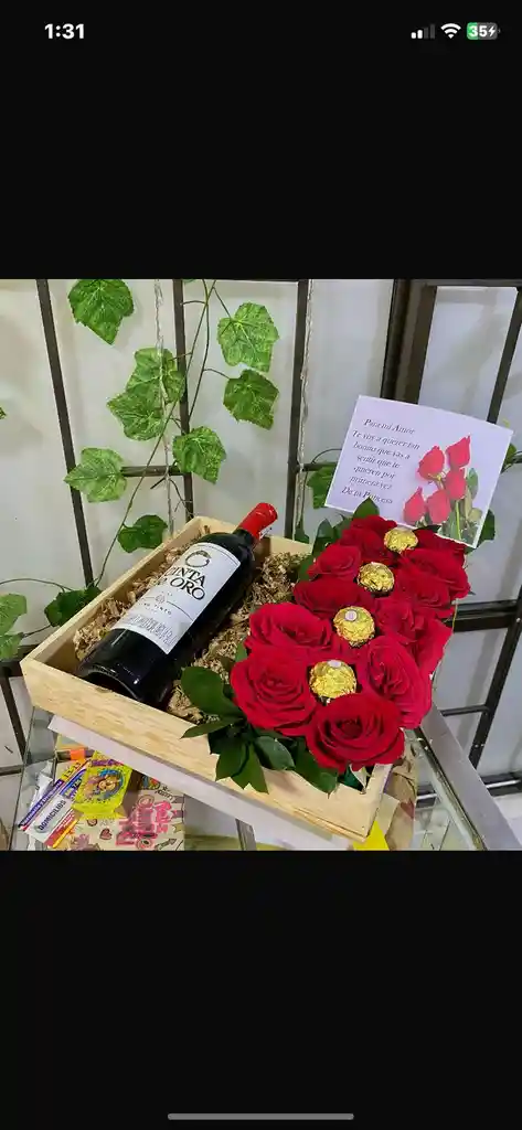 Caja Con Vino, Rosas Y Chocolates