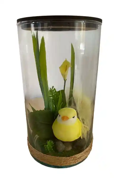 Adorno De Pajaro Canario En Frasco De Cristal