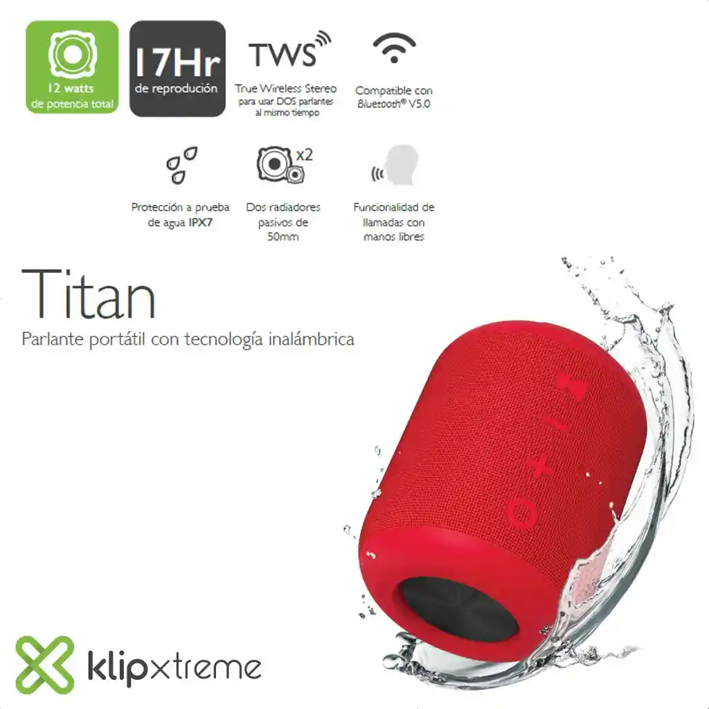 Altavoz Portátil Bt Tws Klip Xtreme Kbs-200rd Titan Ipx7, 12w
