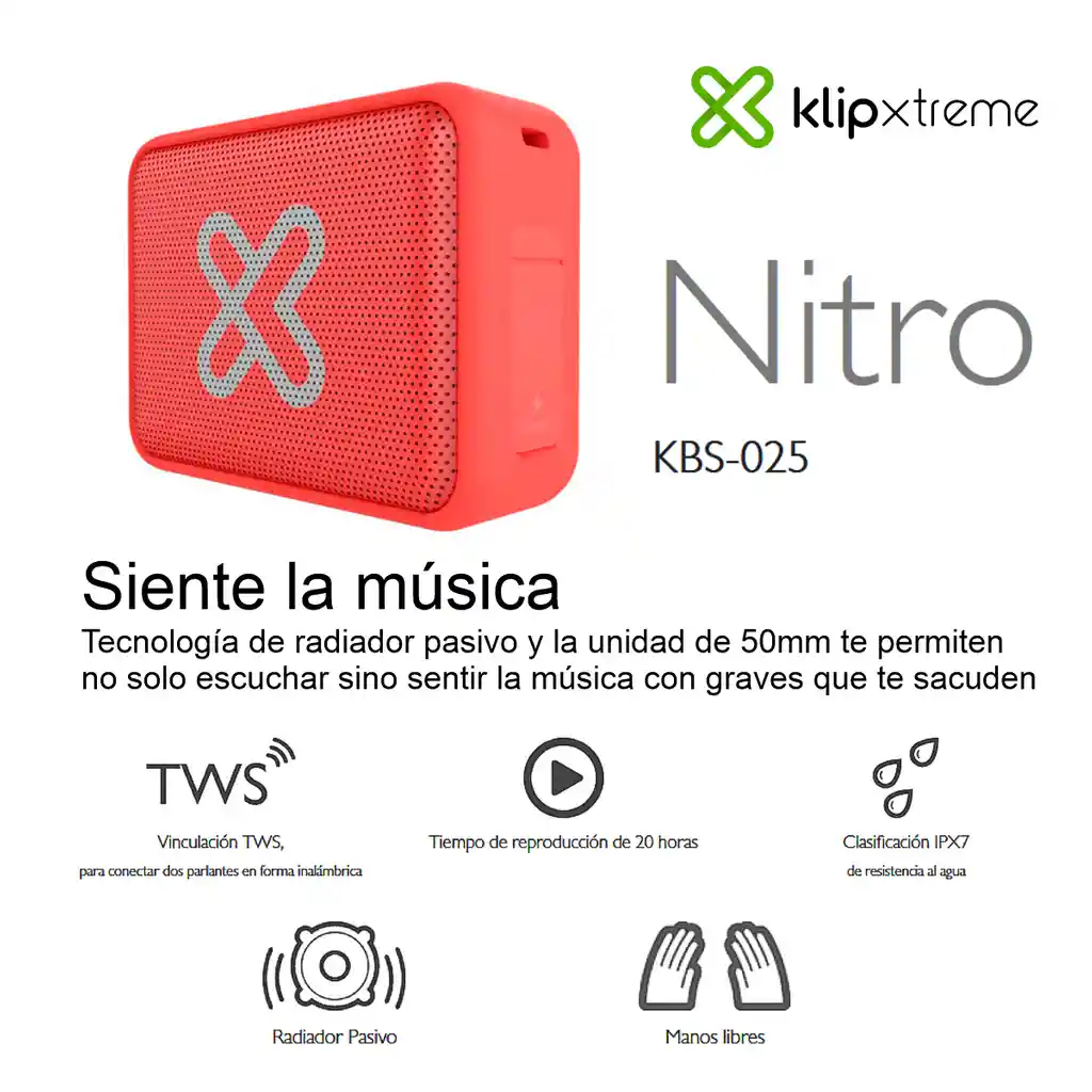 Parlante Bt Portátil Impermeable Klip Xtreme Kbs-025or Nitro