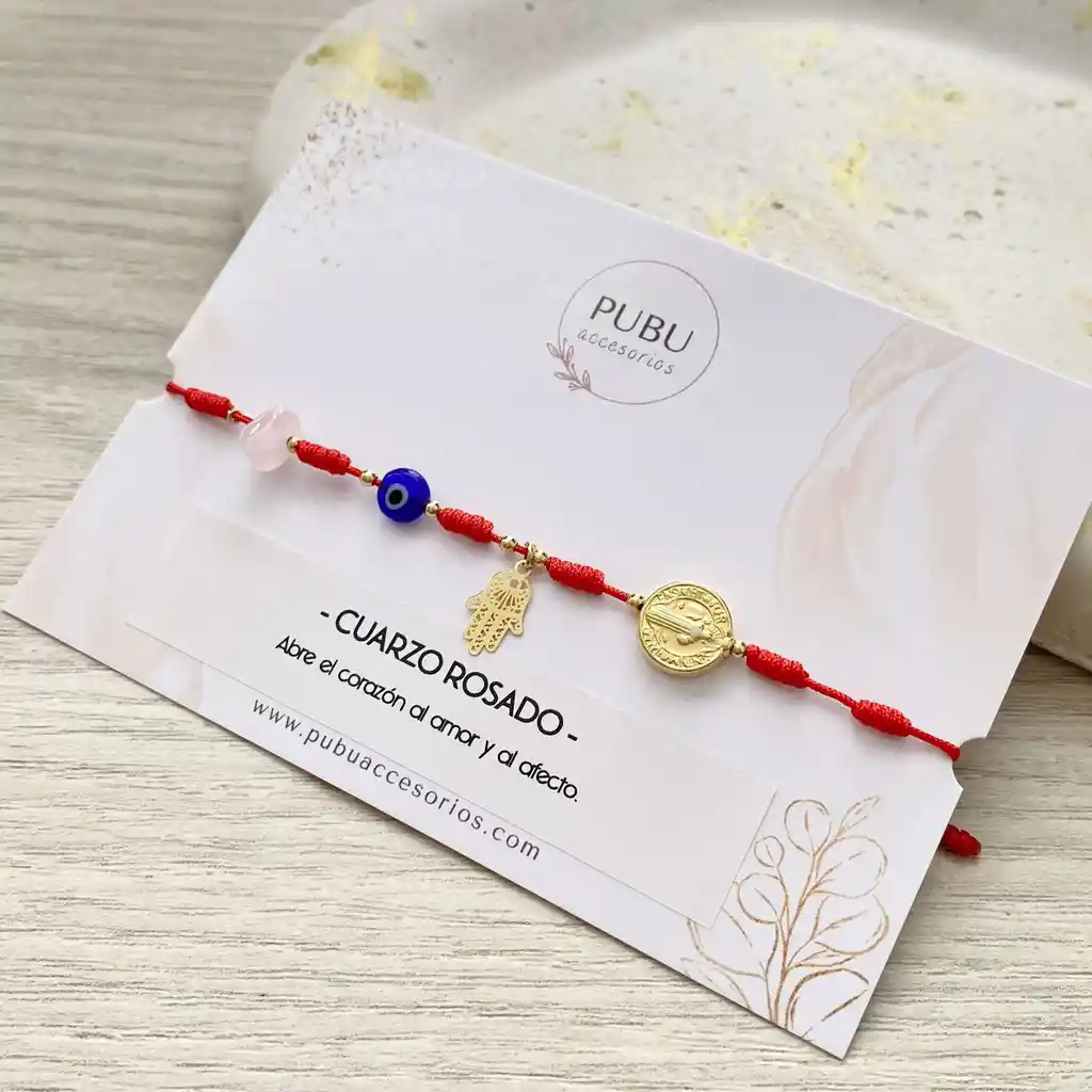 Pulsera Protecion San Benito Cuarzo Rosado