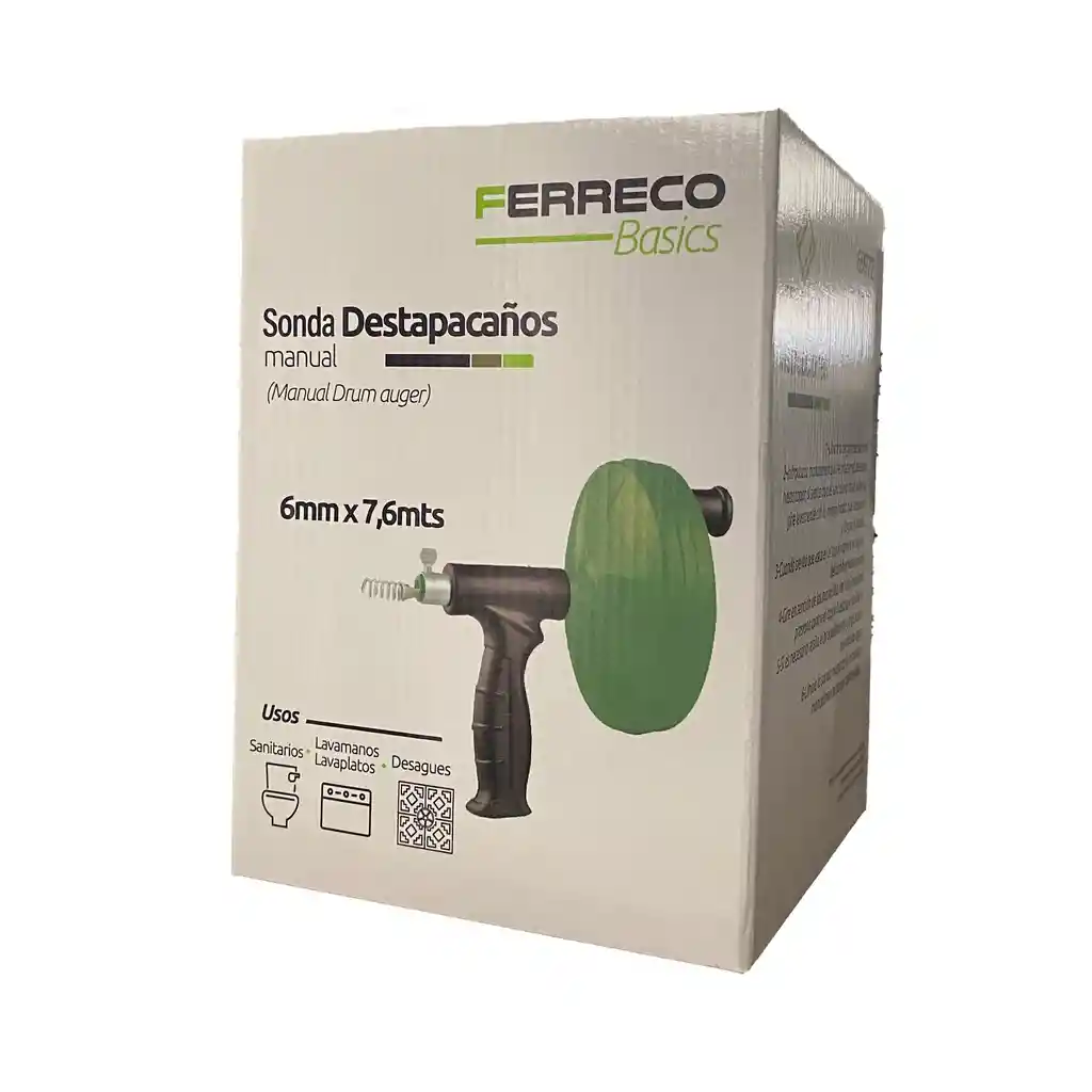 Sonda Destapacaños Manual 7,6 Metros X 6mm, Destapar Tuberias, Desagues, Sanitarios, Lavamanos Ferreco Basics